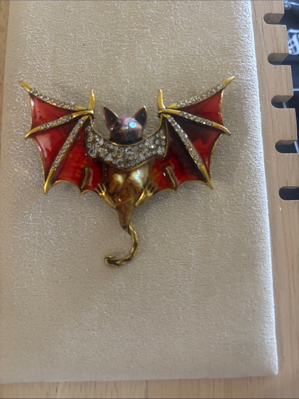 Gold-Tone Red Enamel Bat Brooch with Clear Crystal Accents